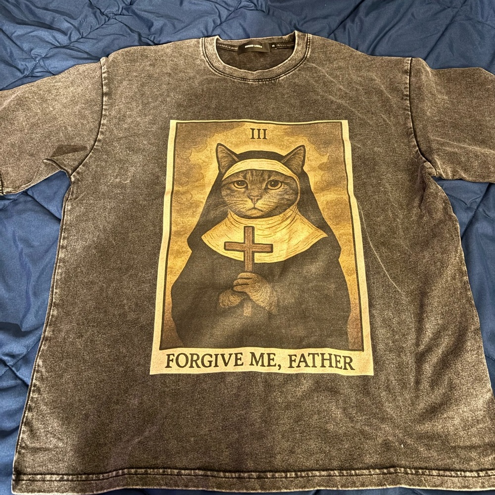 NEW Forgive Me, Father Nun Cat Meme Oversized Acid Wash Tshirt